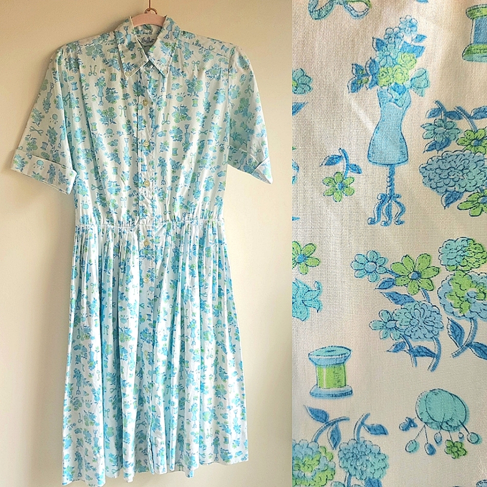 Vintage 50s Novelty Sewing Seamstress Cotton Shirt Pleat Floral Print Dress M